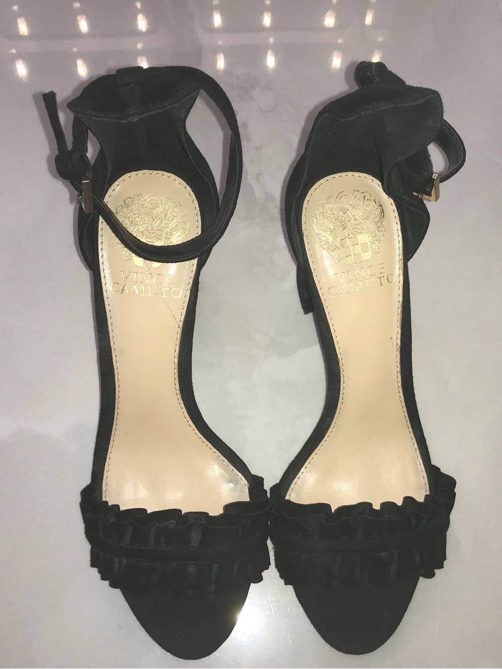 Vince Camuto Black Ruffle Ankle-Strap Heels